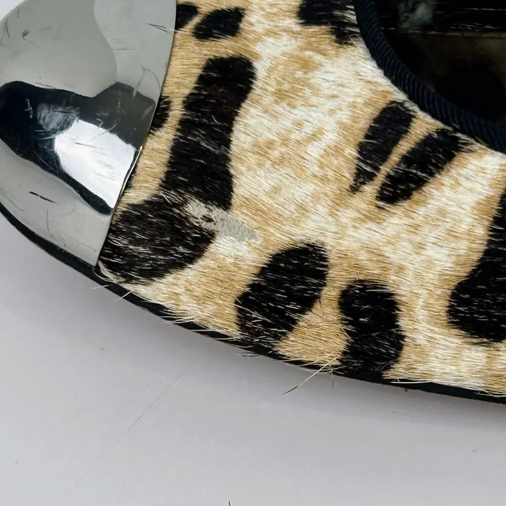 Sam Edelman Jordie Leopard Ballet Flats Calf Hair Leather Silver Cap Toe Shoes 8